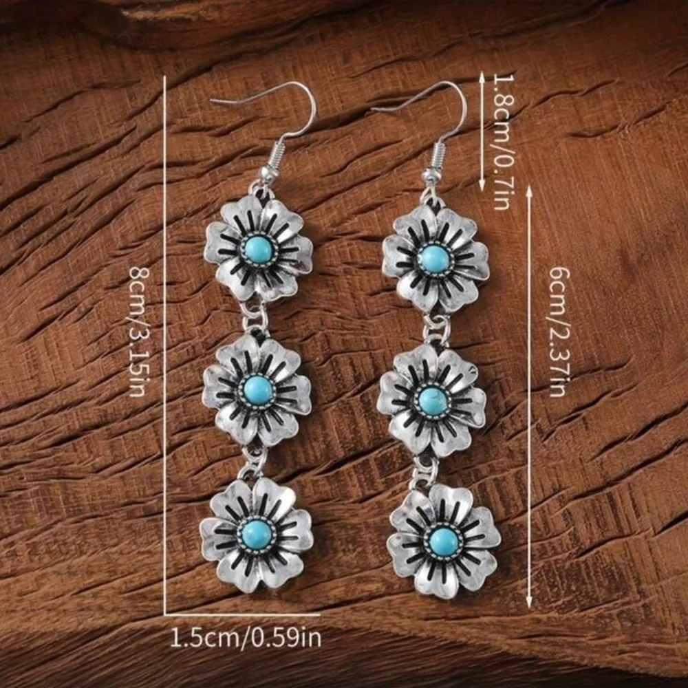 Silver Turquoise Floral Drop Dangle Western Earrings - Picture 3 of 4